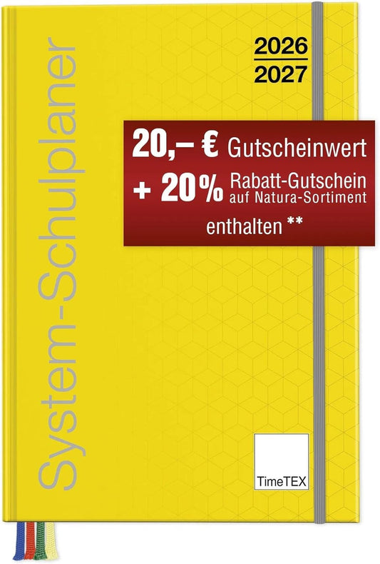 TimeTEX System-Schulplaner A5-Plus Gelb - Schuljahr 2026/2027 - Lehrerkalender mit breitem Verschlussgummi