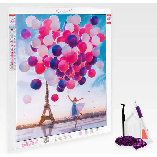 Frau mit Ballons, Eifelturm – Dimond Painting
